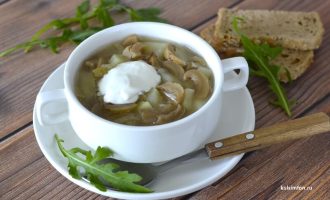 Готовый суп из груздей (груздянка) в тарелке со сметаной и зеленью